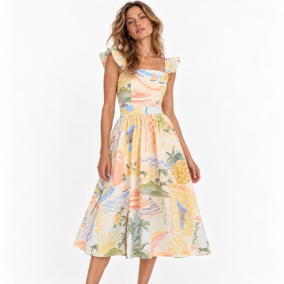 Prosperina Dresses & Skirts - Prosperina Nicola Multi Print Midi Dress Women M Ruffle Coastal Summer NWT